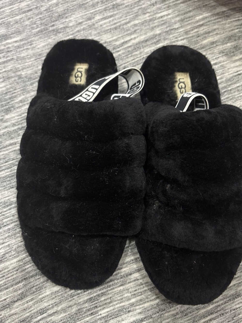UGG Kids Black Fuzzy Slide Sandals with Branded Heel Strap